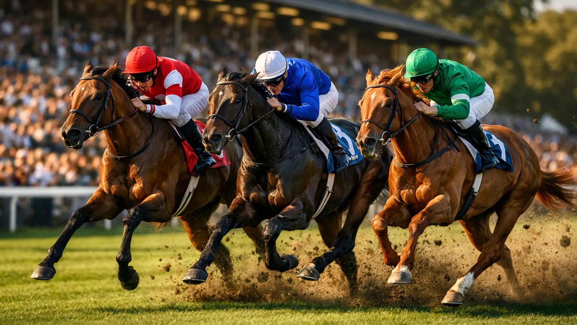 Spannendes Pferderennen im vollen Galopp auf der Rennbahn