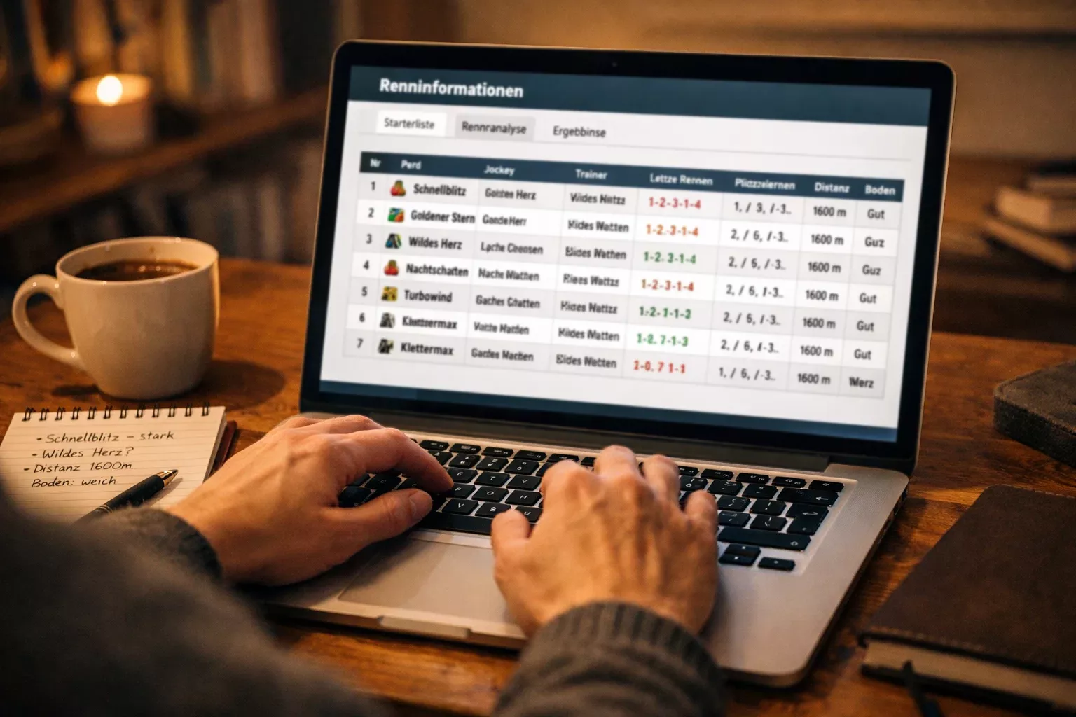 Person analysiert Pferderennen-Daten am Laptop