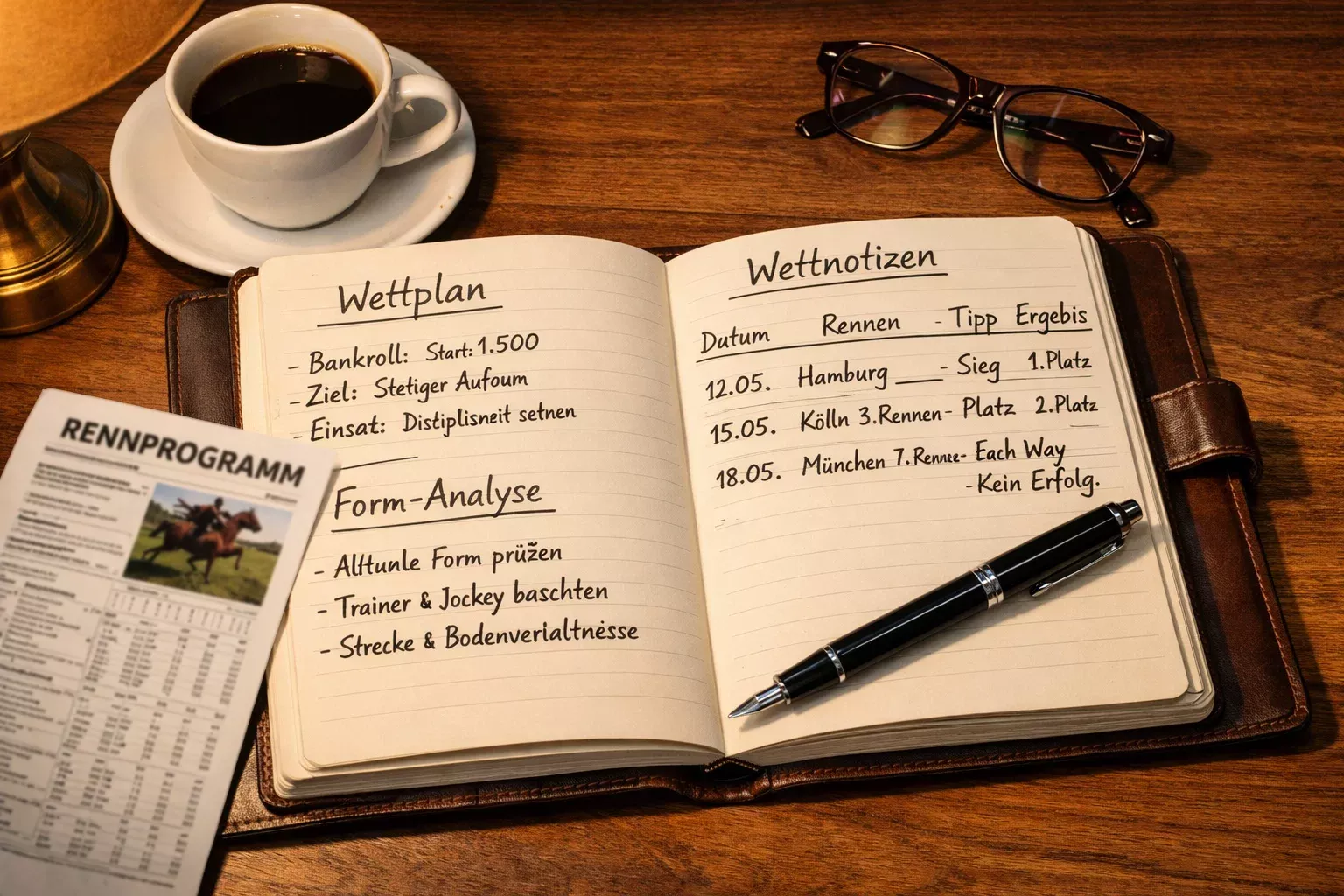 Notizbuch mit Wettstrategie und Stift für Pferdewetten