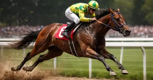 Vollblüter im gestreckten Galopp auf der Rennbahn